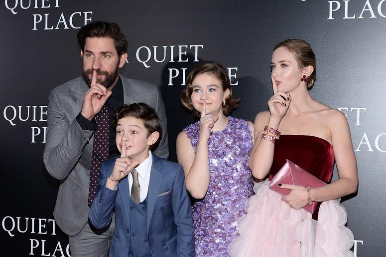 (L-R) Actors John Krasinski, Noah Jupe, and Millicent Simmonds and Emily Blunt attend "A Quiet Place" New York Premiere at the AMC Lincoln Square theater in New York, NY, onÊApril 2, 2018. (Photo by Anthony Behar/Sipa USA)